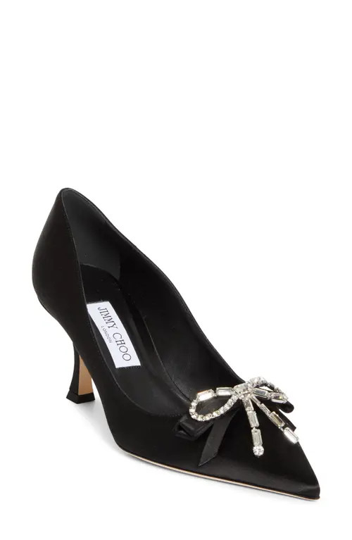 Jimmy Choo Auria Crystal Bow Satin Pump in Black/crystal at Nordstrom, Size 38 | Nordstrom