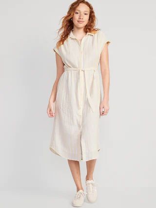 Short-Sleeve Waist-Defined Striped Midi Shirt Dress for Women | Old Navy (US)