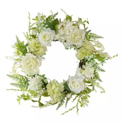 Northlight Peony and Rose Artificial Spring Wreath White and Green - 24-Inch | Belk