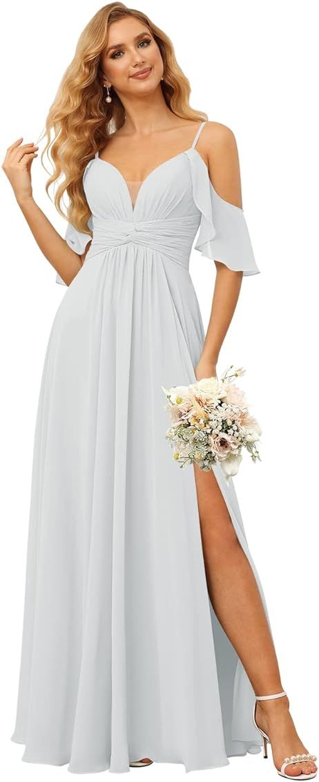 Raseal Off The Shoulder Chiffon Bridesmaid Dress with Slit A Line Empire Waist Pleats Bridesmaid ... | Amazon (US)