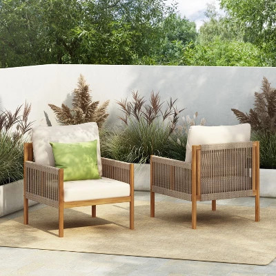 PAGED Outdoor Dining Chairs Set of 2 Modern Woven Outdoor Patio Chairs with Wood Frame, Cushions for Garden, Balcony, Teak+White | Target