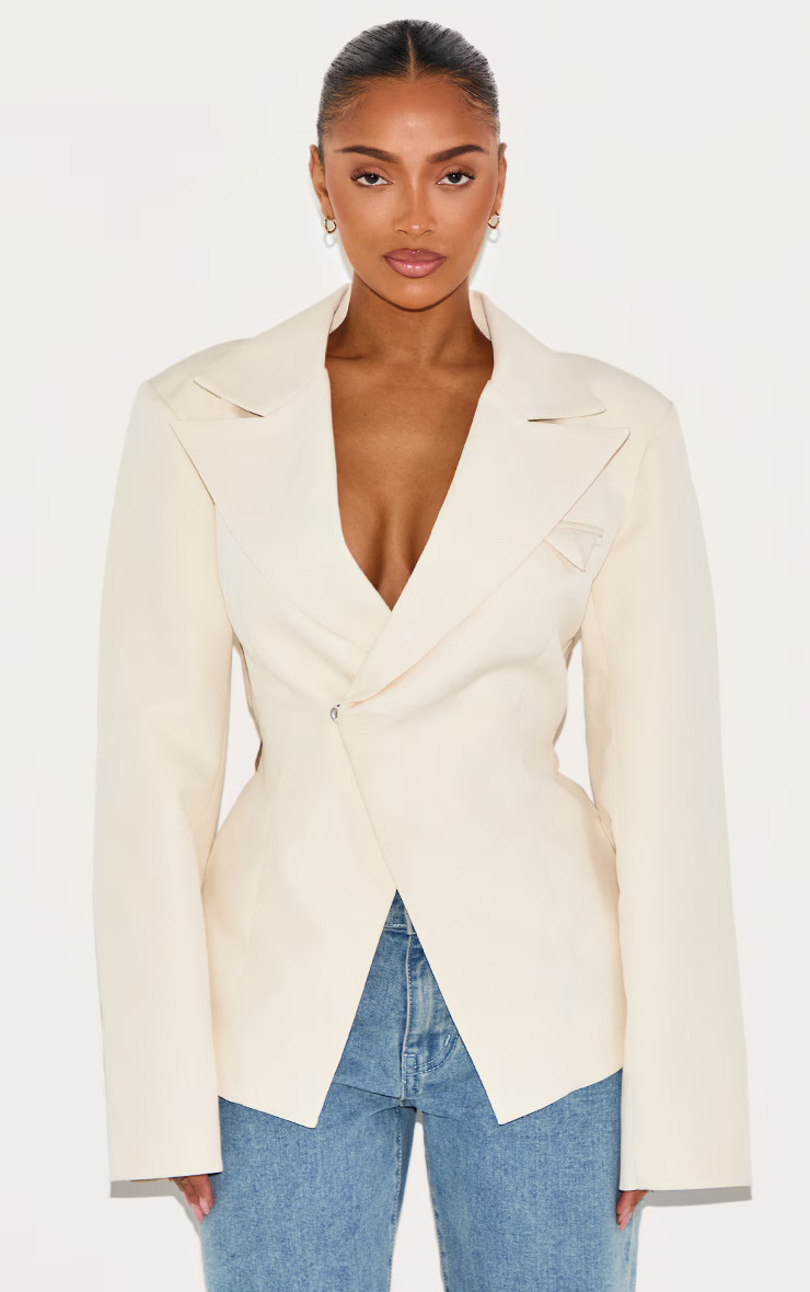 Shape Cream Tailored Asymmetrical Cross Over Adjustable Waist Blazer | PrettyLittleThing US