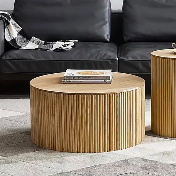 28" Japandi Round Wood Coffee Table with Storage in Natural-Homary | Homary