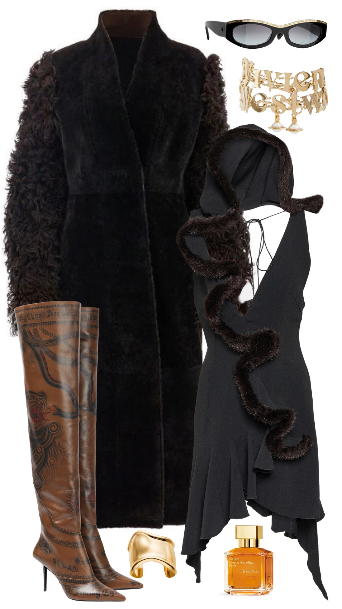 coperni dress
ferragamo shearling coat 
jimmy choo x jean paul gualtier boots 
vivienne westwood necklace 
chanel sunglasses 
tiffany&co elsa peretti bone cuff 
mfk grand soir 

#LTKstyletip #LTKSeasonal #LTKHoliday