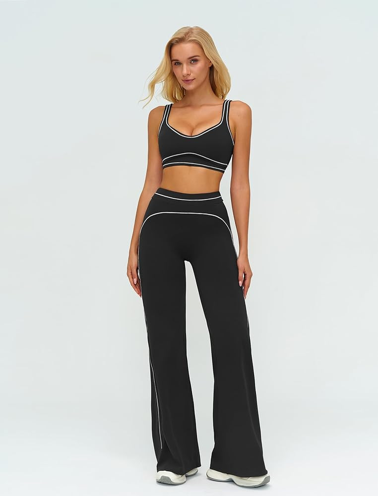 ABOCIW Two Piece Workout Sets for Women Racerback Tank Top Matching High Waist Wide Leg Yoga Pants Pilates Outfits | Amazon (US)