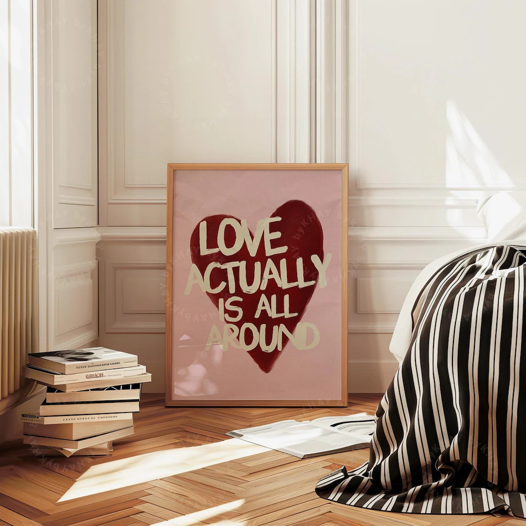 Love Actually is All Around Print, Red Dusty Pink Vintage Style Painted Wall Art, Trendy Aestheti... | Etsy (US)