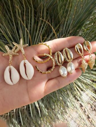 4pairs/set Random Boho Zinc Alloy Shell & Starfish Decor Earrings For Women For Gift | SHEIN