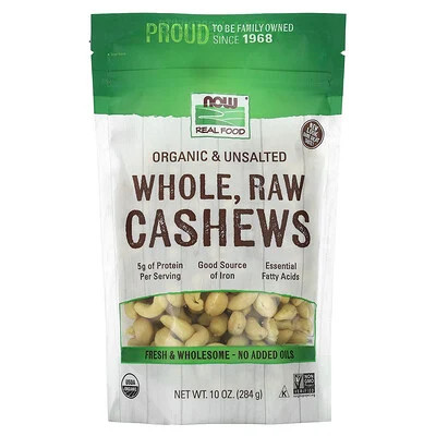 NOW Foods, Organic Whole Raw Cashews, Unsalted, 10 oz (284 g) | iHerb