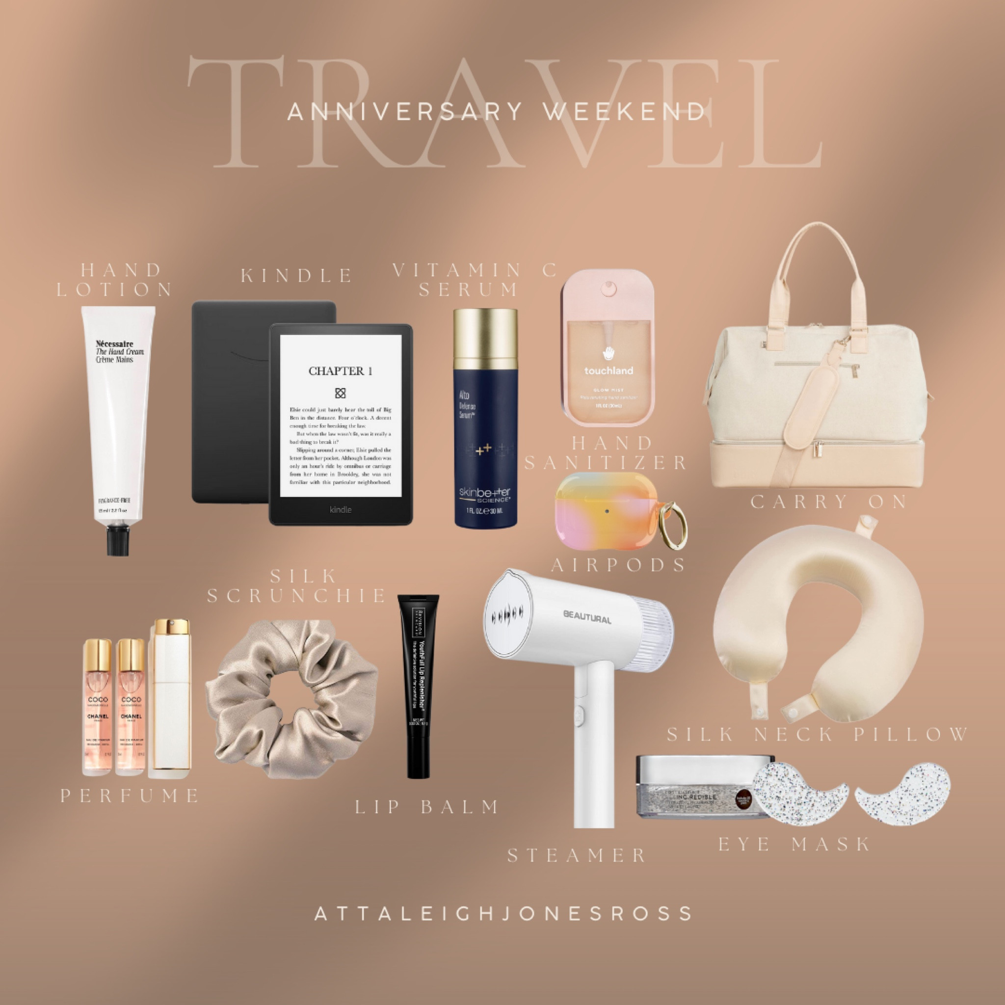 Flight essentials for our trip this weekend! Kindle paper white, hand cream, hand sanitizer, silk neck pillow, vitamin c serum, carry on beis bag, eye mask, steamer, lip balm, silk scrunchIe, perfume

#LTKFind #LTKunder50 #LTKtravel