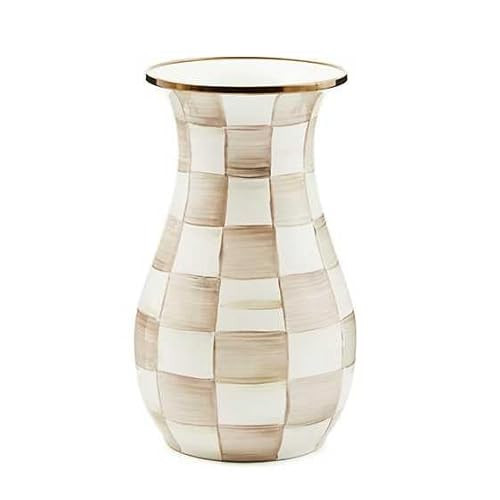 MACKENZIE-CHILDS Tall Enamel Checkered Vase, Unique Flower Vase, Brown-and-White Mocha Check, Steel, 6" L x 6" W x 12" H | Amazon (US)