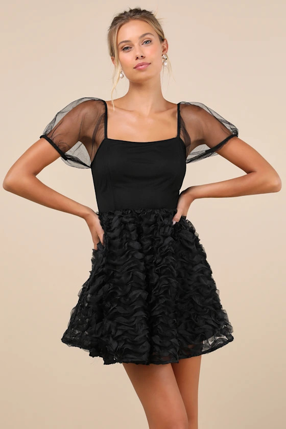 Collected Cutie Black Mesh Ruffled Short Sleeve Mini Dress | Lulus