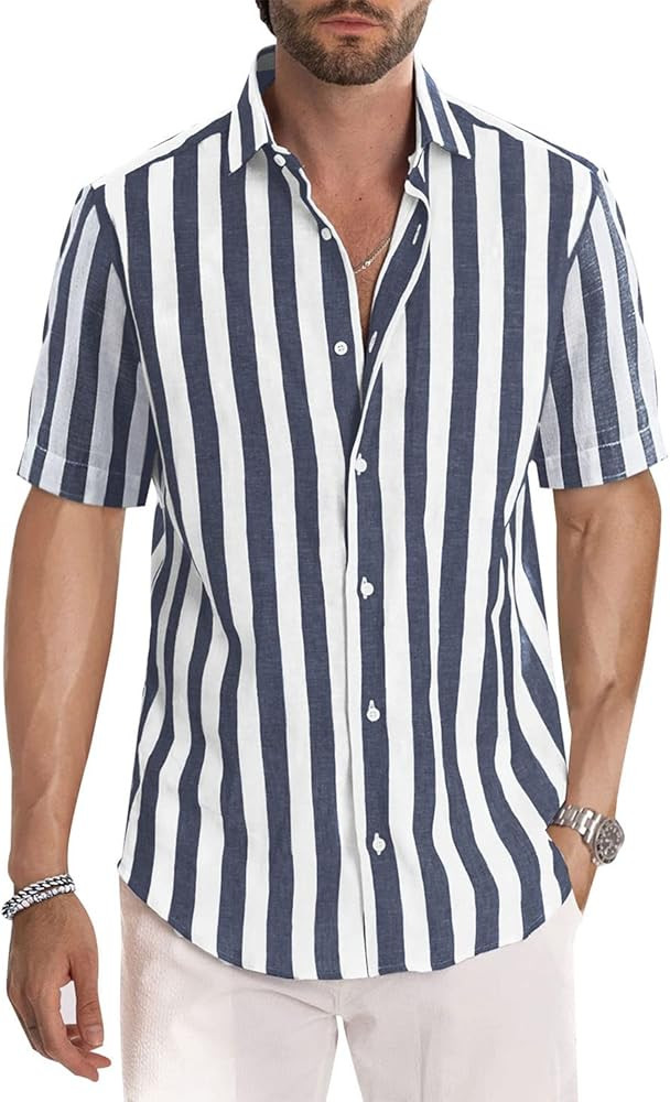 JMIERR Men's Casual Stylish Short Sleeve Button-Up Striped Dress Shirts Cotton Beach Shirts | Amazon (US)