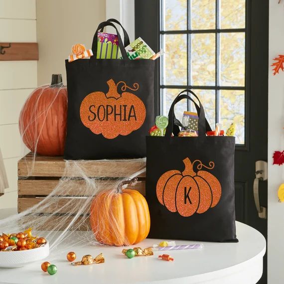 Personalized Sparkly Pumpkin Halloween Treat Bag  - Etsy | Etsy (US)