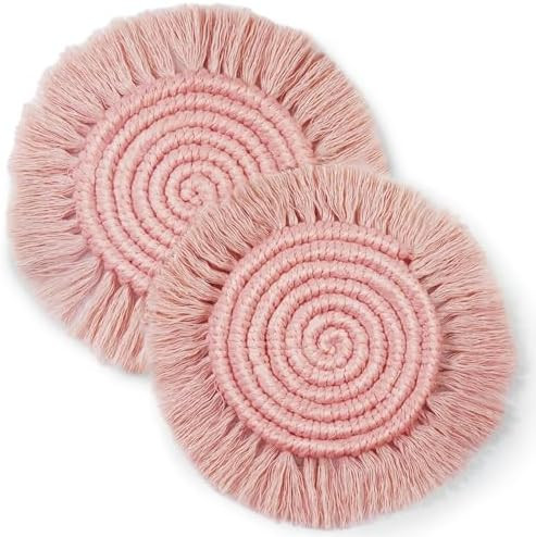 7.4in Boho Coasters Set of 2, Cute Drink Coasters Absorbent for Desk, Farmhouse Handmade Woven Ma... | Amazon (US)