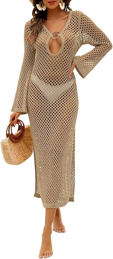 Caracilia Women Swimsuit Coverup Crochet Bathing Suit Swim Cover Ups for Swimwear Summer Long Sle... | Amazon (US)