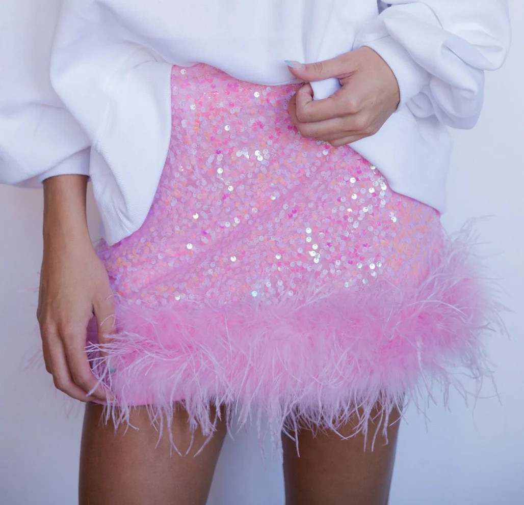 PRETTY IN PINK SEQUIN FEATHER SKIRT | Judith March