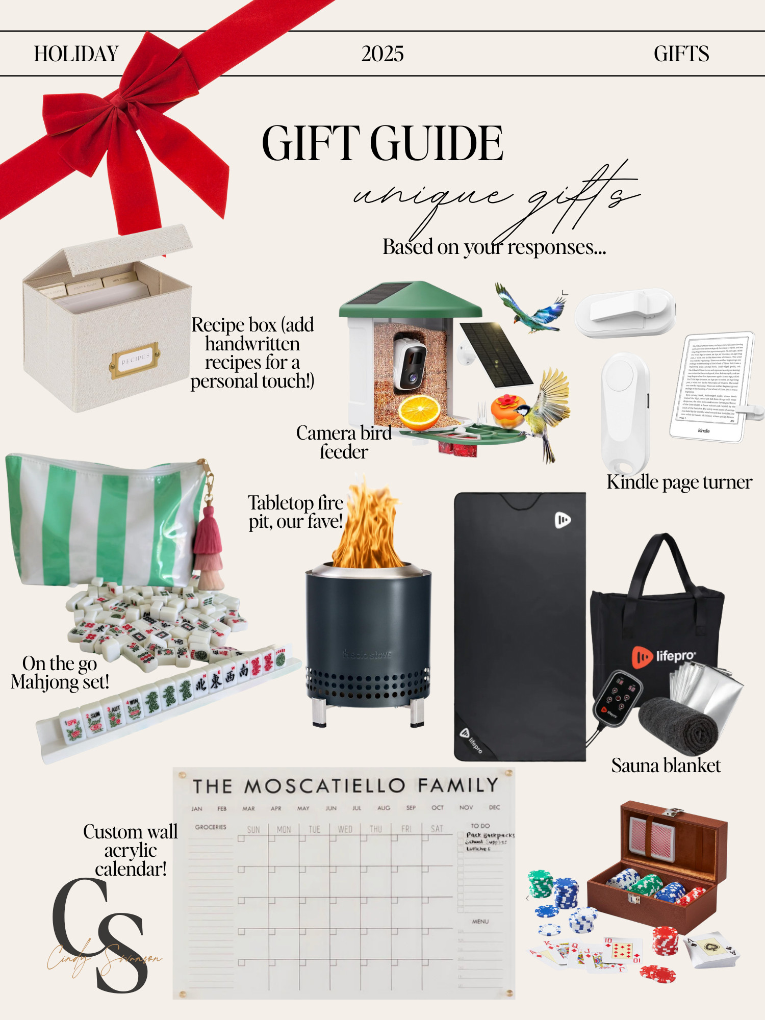 Unique gift ideas based on your top responses from the question box I put up! 

Recipe box with handwritten recipe cards, camera bird feeder, kindle page turner, on the go Mahjong set, table top firepit, sauna blanket, custom acrylic wall calendar, poker set. 

 #LTKGiftGuide #LTKHoliday #LTKU
