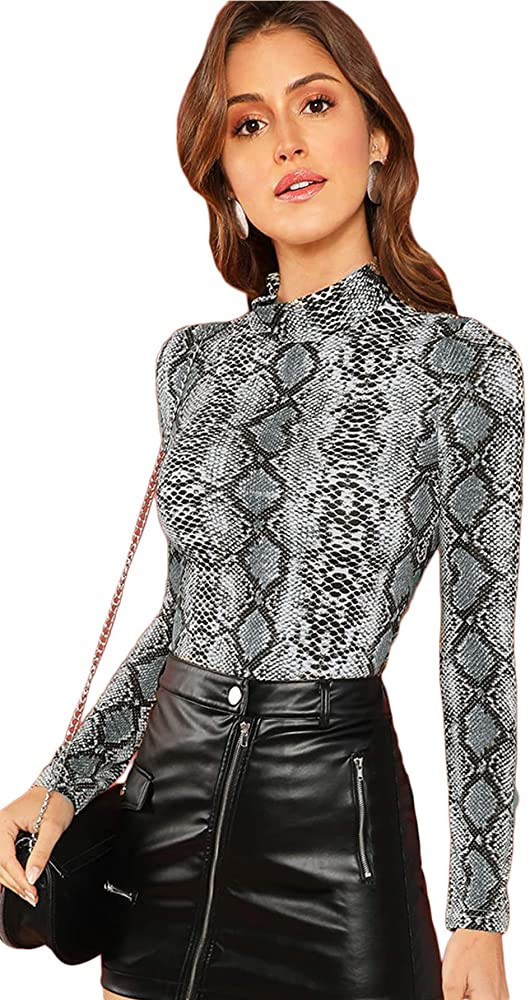Floerns Women's Long Sleeve Mock Neck Slim Snakeskin T-Shirt Tops | Amazon (US)