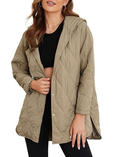 EVALESS Oversized Jacket for Women Business Casual Clothes Fashion 2025 Winter Outfits Quilted Hooded Jackets Long Sleeve Button Down Puffer Jacket Cozy Shacket Khaki Coat with Pocket, Medium | Amazon (US)