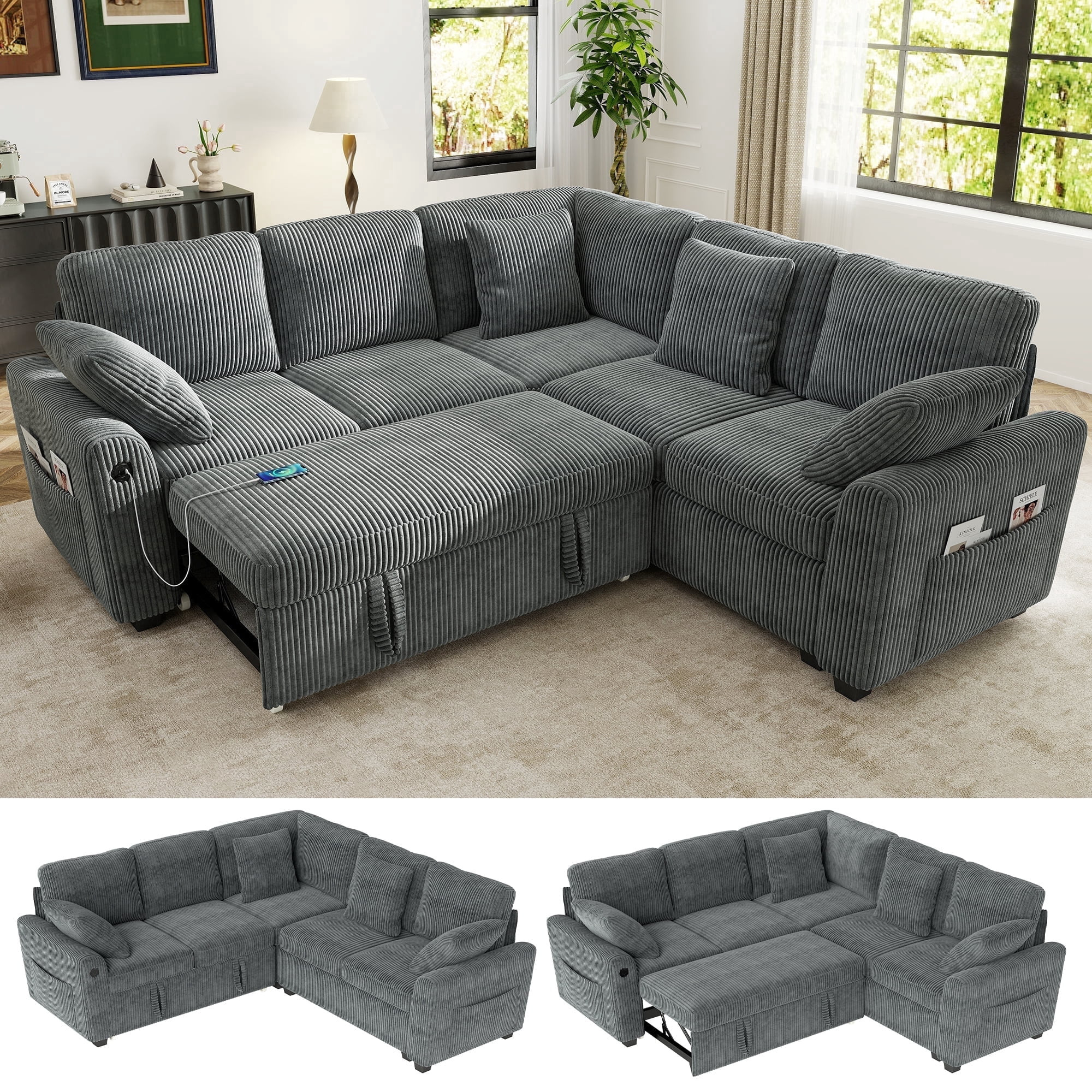 BedLuxury 83" Sectional Sleeper Sofa With Pull Out Bed, Storage Seat & USB Charging, L Shape Mode... | Walmart (US)