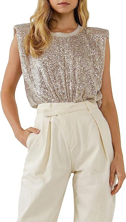 Sequin Shoulder Pad Top Ivory at Amazon Women’s Clothing store | Amazon (US)