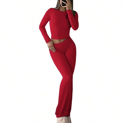 2pcs Women Solid Color Crew Neck Long Sleeve Top And Pants Casual Set | SHEIN