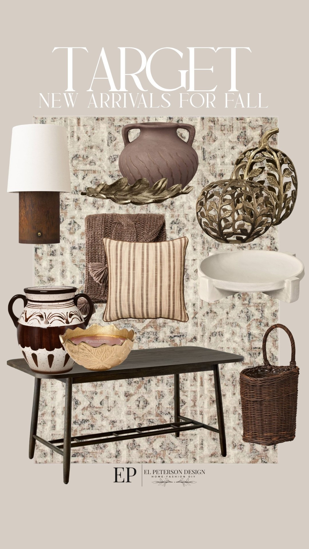 Target
New Fall Arrivals
Area rug
Pumpkins
Table lamp
Vase
Candle
Basket
Pillow
Blanket
Bowl

#LTKHome
