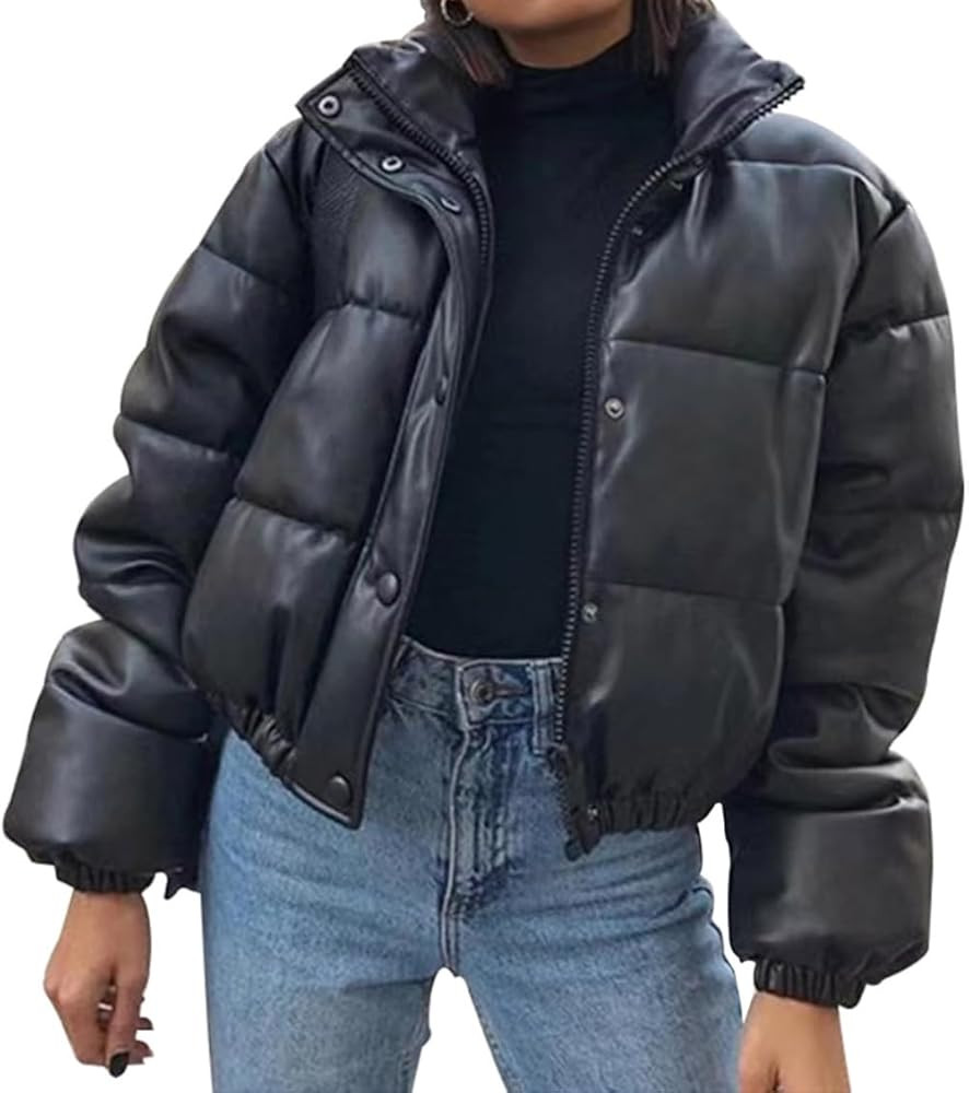 yoeasy Women's Standing Collar Leather Cropped Puffer Jacket Quilted Long Sleeve Winter Short Pad... | Amazon (US)