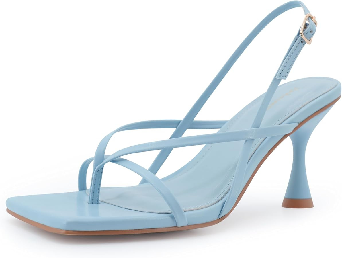 Women's Strappy Kitten Heels Square Toe Thong Dress Sandals Flip Flop for Wedding Party Evening | Amazon (US)