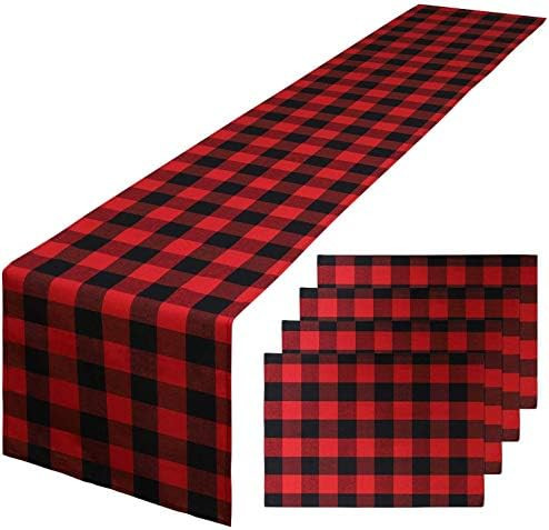 YiHee 12'' x 72'' Buffalo Check Table Runner Placemats with 4 Plaid Napkins, Cotton Black Red Pla... | Amazon (US)