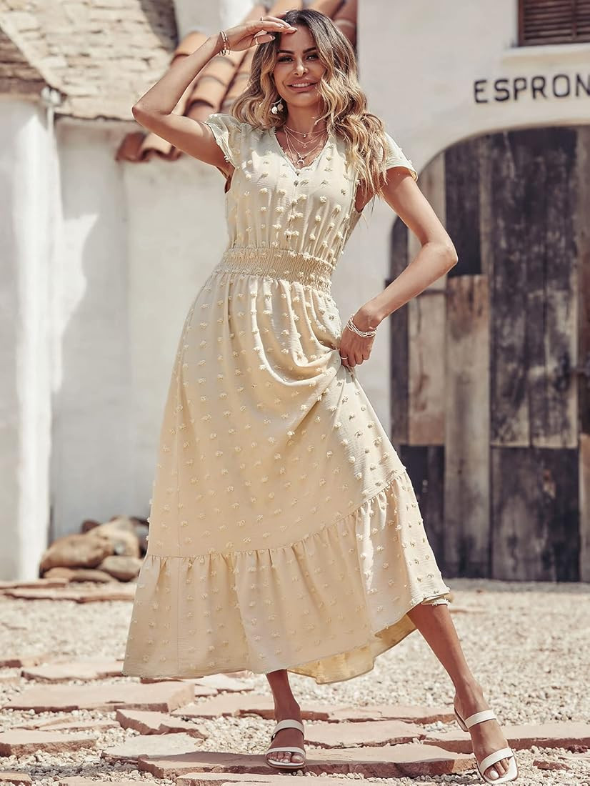 PRETTYGARDEN Womens Dresses 2023 Boho Dress Short Sleeve V Neck Swiss Dot Ruffle Tiered Maxi Dress S | Amazon (US)