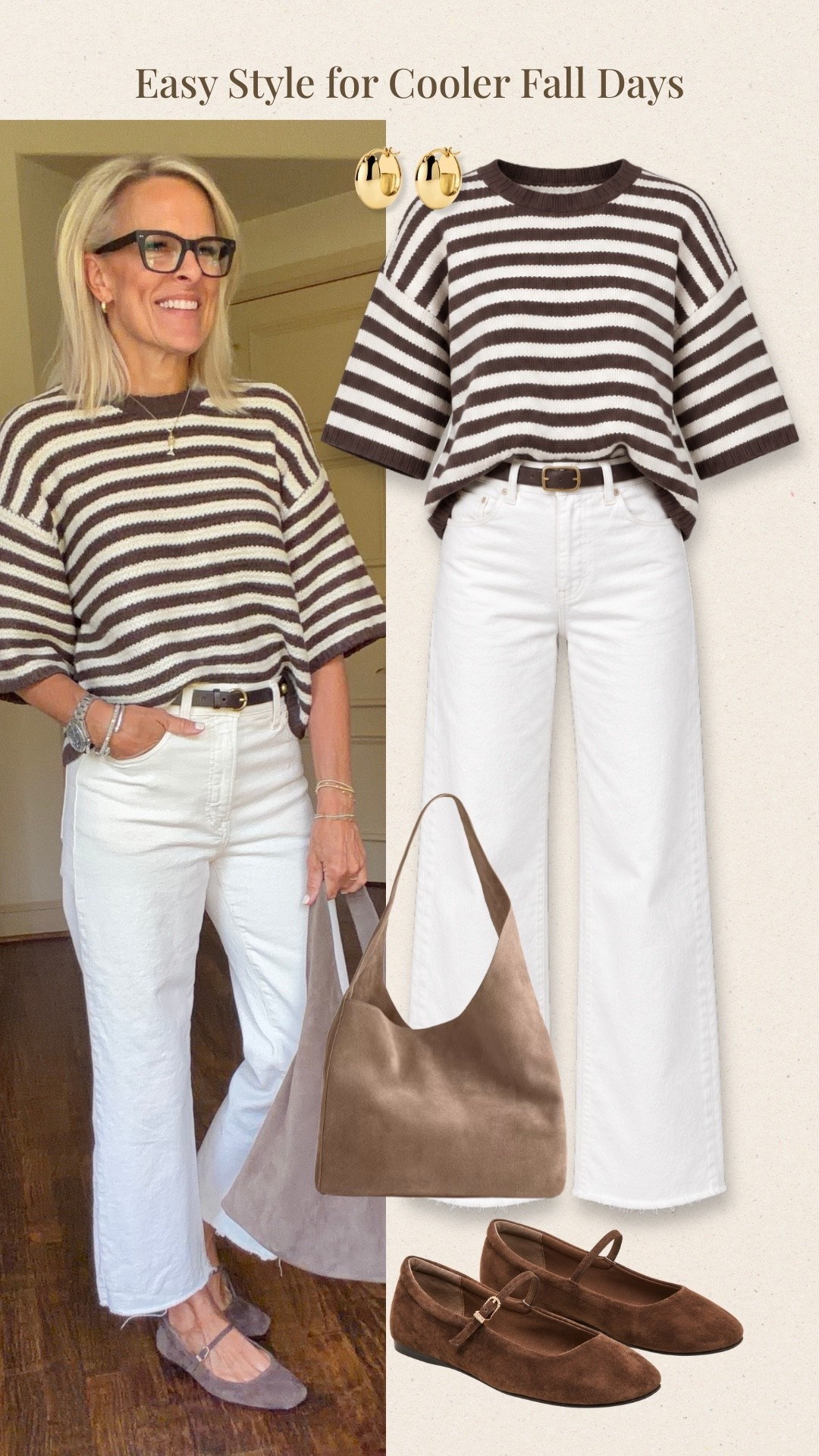 I love the simplicity of this brown-and-cream striped sweater with white jeans for cooler fall days. The neutral palette feels polished and timeless, while the Mary Jane flats and soft taupe bag make it easy for everyday wear.

#LTKootd #LTKOver40 #LTKSeasonal