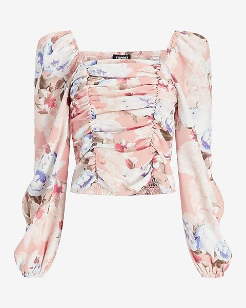 Floral Print Square Neck Ruched Front Top | Express