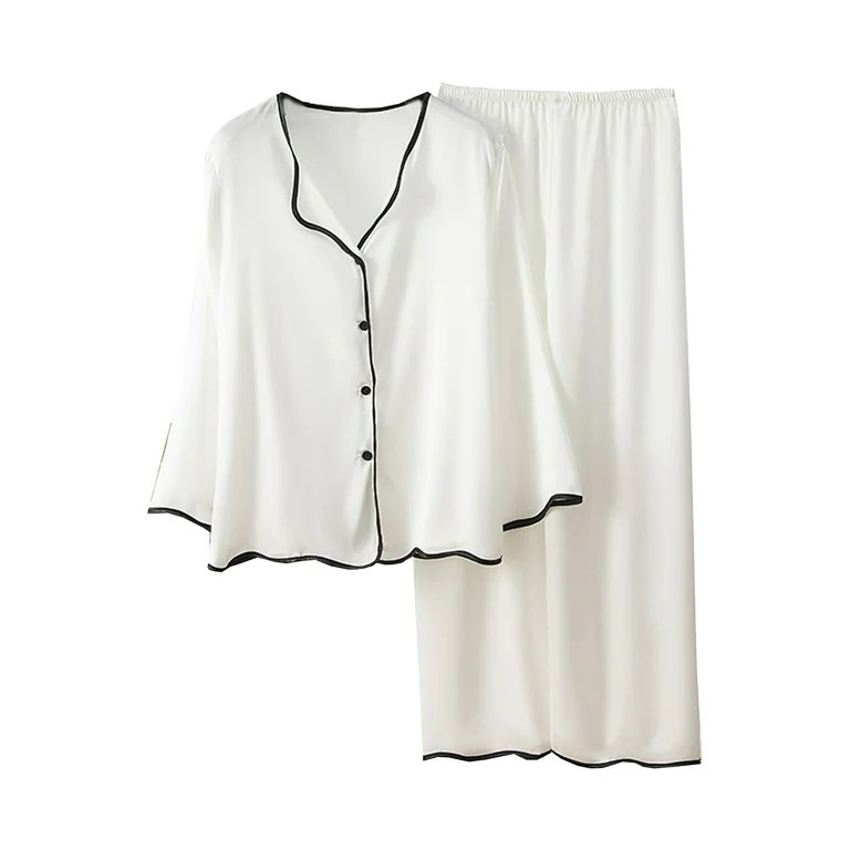 Pajamas Set for Women Long Sleeve Sleepwear Button Down Nightwear with Long Pants Soft Summer Sol... | Walmart (US)