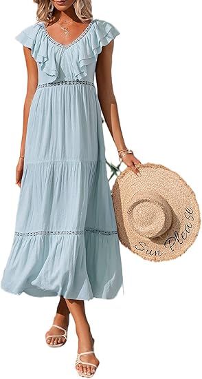 Narspeer Women's Beach Maxi Dress Summer Sleeveless Ruffle V Neck Midi Dress Floral Print Sexy Ba... | Amazon (US)