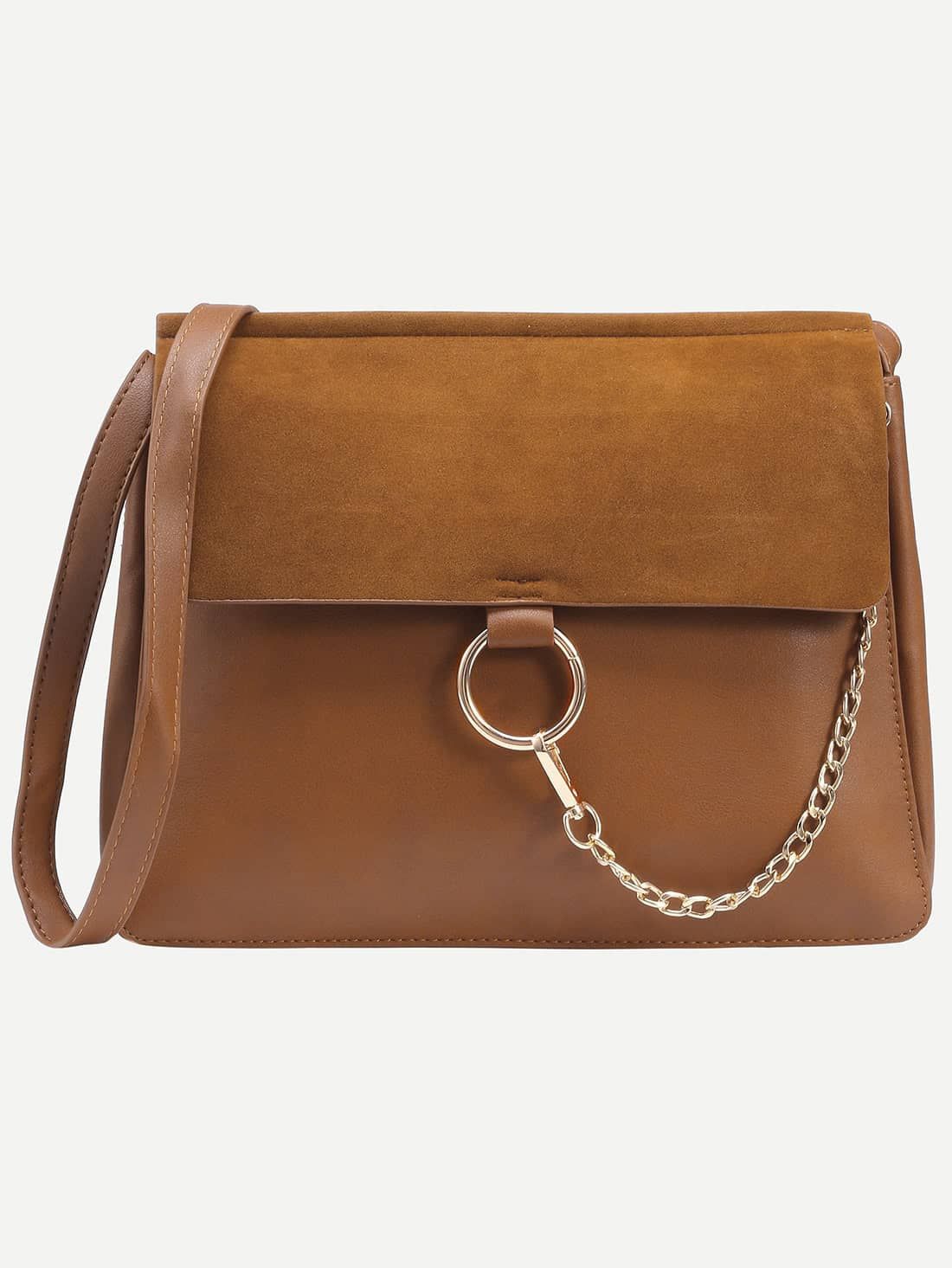Brown Ring Chain Accent Faux Suede Flap Bag | SHEIN