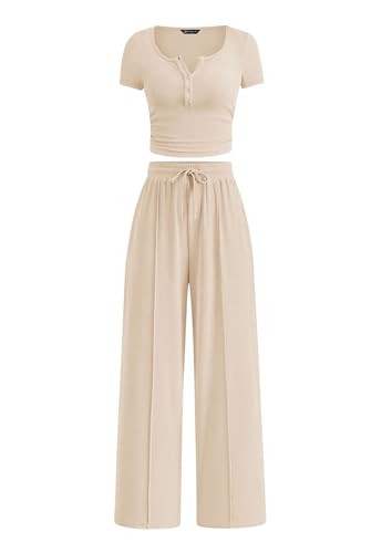 PRETTYGARDEN Womens 2 Piece Outfits Summer 2026 Ribbed Knit Button Short Sleeve Tops Casual Wide Leg Pants Lounge Sets(Beige,Small) | Amazon (US)