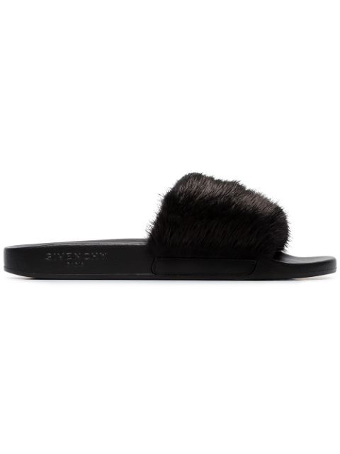 Givenchy Black Fur Strap Slide Sandals - Farfetch | FarFetch Global