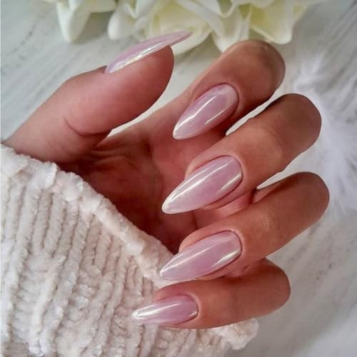 Baby Pink Chrome Press on Nails Medium Almond,KQueenest Iridescent Stiletto Fake Nails with Designs,Glossy Glue on Nails with Mirror Effect,Pearlescent Acrylic Nails for Women Girls 24Pcs | Amazon (US)