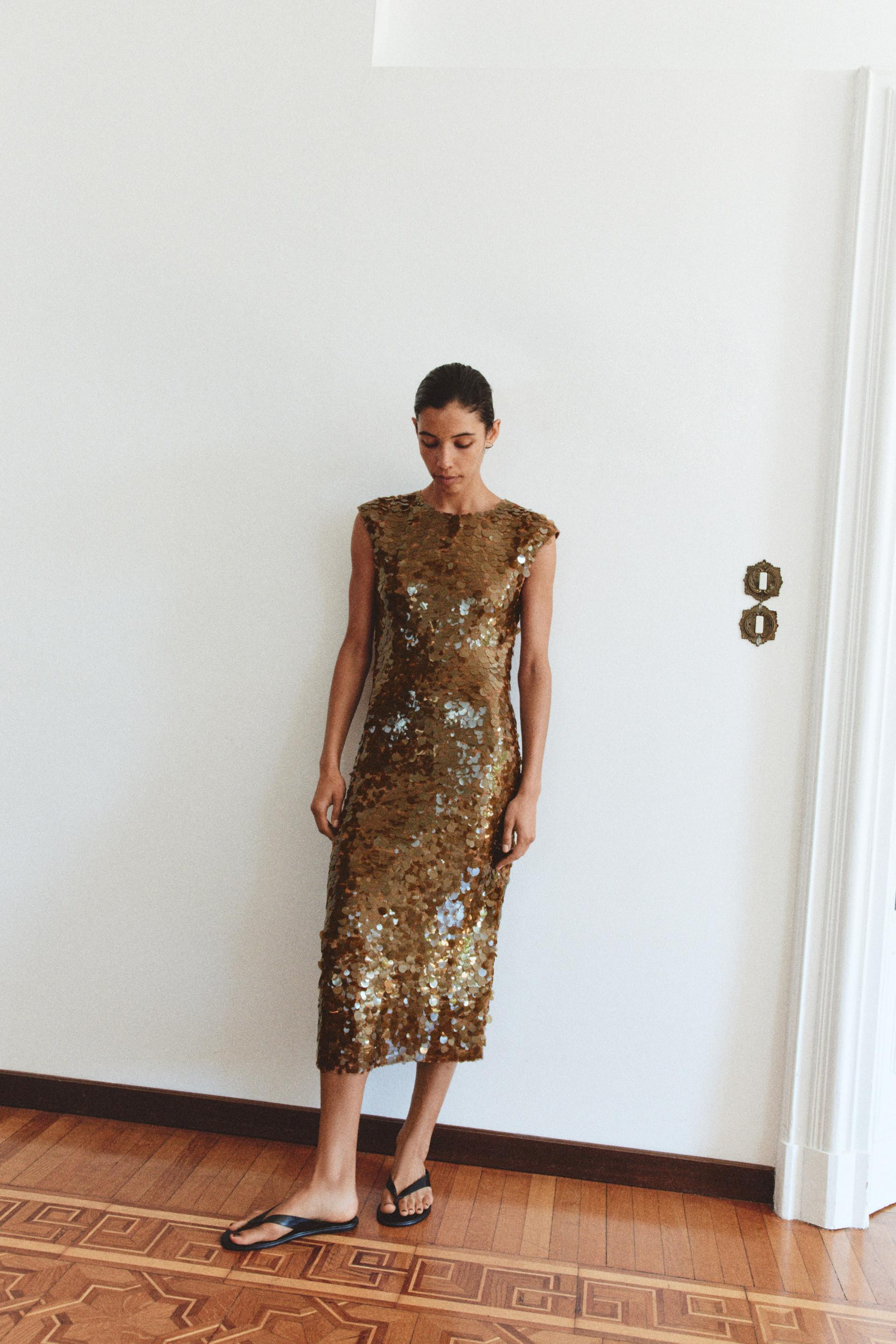Zara - Sequin Open-Back Dress - Mid-Camel - M - Woman | Zara US