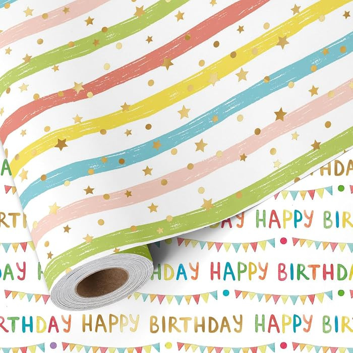 LaRibbons Reversible Happy Birthday Wrapping Paper for Boys Girls Kids | Amazon (US)