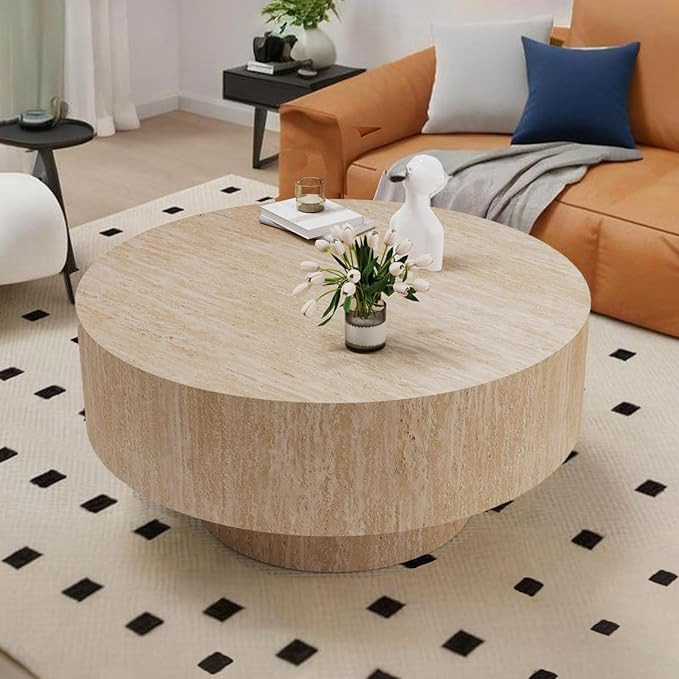 Travertine Round Coffee Table for Living Room 30" Rustic Round Travertine Veneer Coffee Table Mid... | Amazon (US)