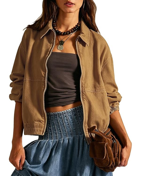 Womens Denim Jackets Long Sleeve Zip Up Elastic Hem Classic Loose Jean Bomber Jacket Outfit | Amazon (US)