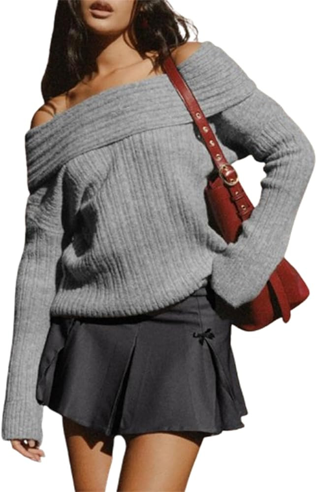 Women Y2k Fold Over Off The Shoulder Sweater Casual Solid Long Sleeve Slouchy Knitted Pullover Sh... | Amazon (US)