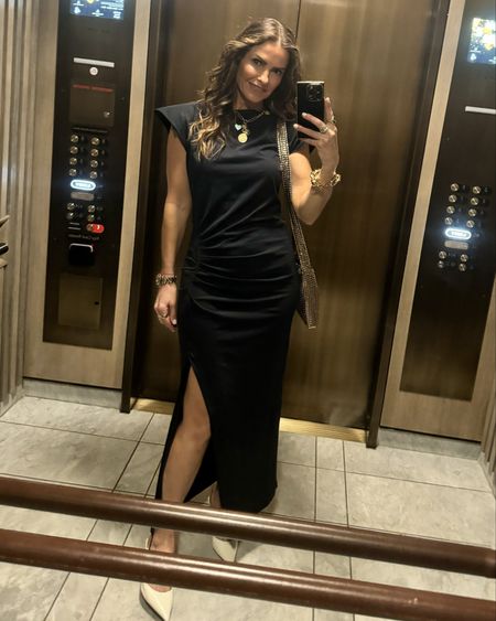 moms weekend fun in atx w my girls wearing this chic & oh so comfy black updated dress➰ the strong shoulders + ruching on waist are very flattering! 

+ it’s on sale rn, i’m wearing a size 4 it runs tts along with my fav gold going out bag & white wedges

also linked some look a like wedges as well & audreys #ootn as well! 

#LTKsalealert #LTKitbag #LTKshoecrush
