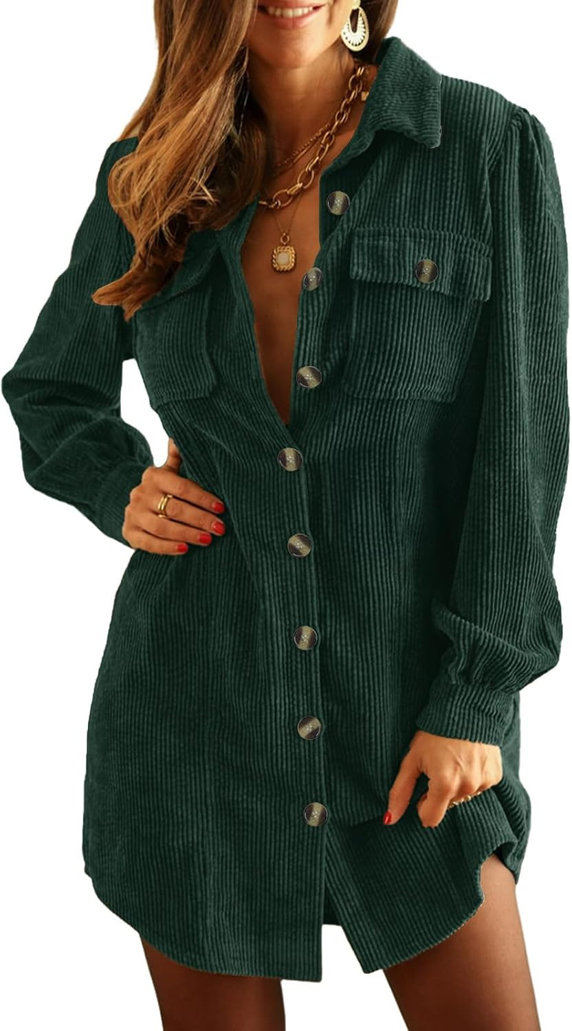 Women's Corduroy Long Sleeve Button Work Tunic Short Dresses | Amazon (US)