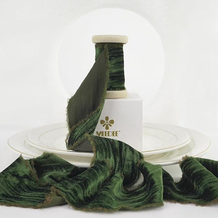 MEEDEE Olive Green Velvet Ribbon 2 Inch Frayed Edge Silk Ribbons 2 Rolls 4 Yards Crinkle Green Cr... | Amazon (US)