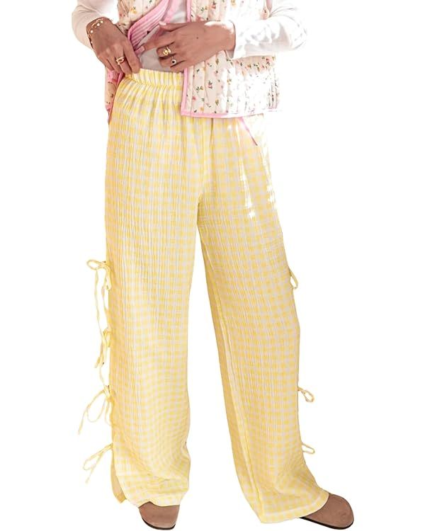 Women Gingham Pants Bow Tie Side Split Wide Leg Pants Y2k Plaid Lounge Trousers Summer Going Out ... | Amazon (US)