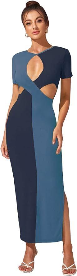 WDIRARA Women's Sexy Cut Out Keyhole Front Dress Split Side Hem Colorblock Short Sleeve Bodycon C... | Amazon (US)