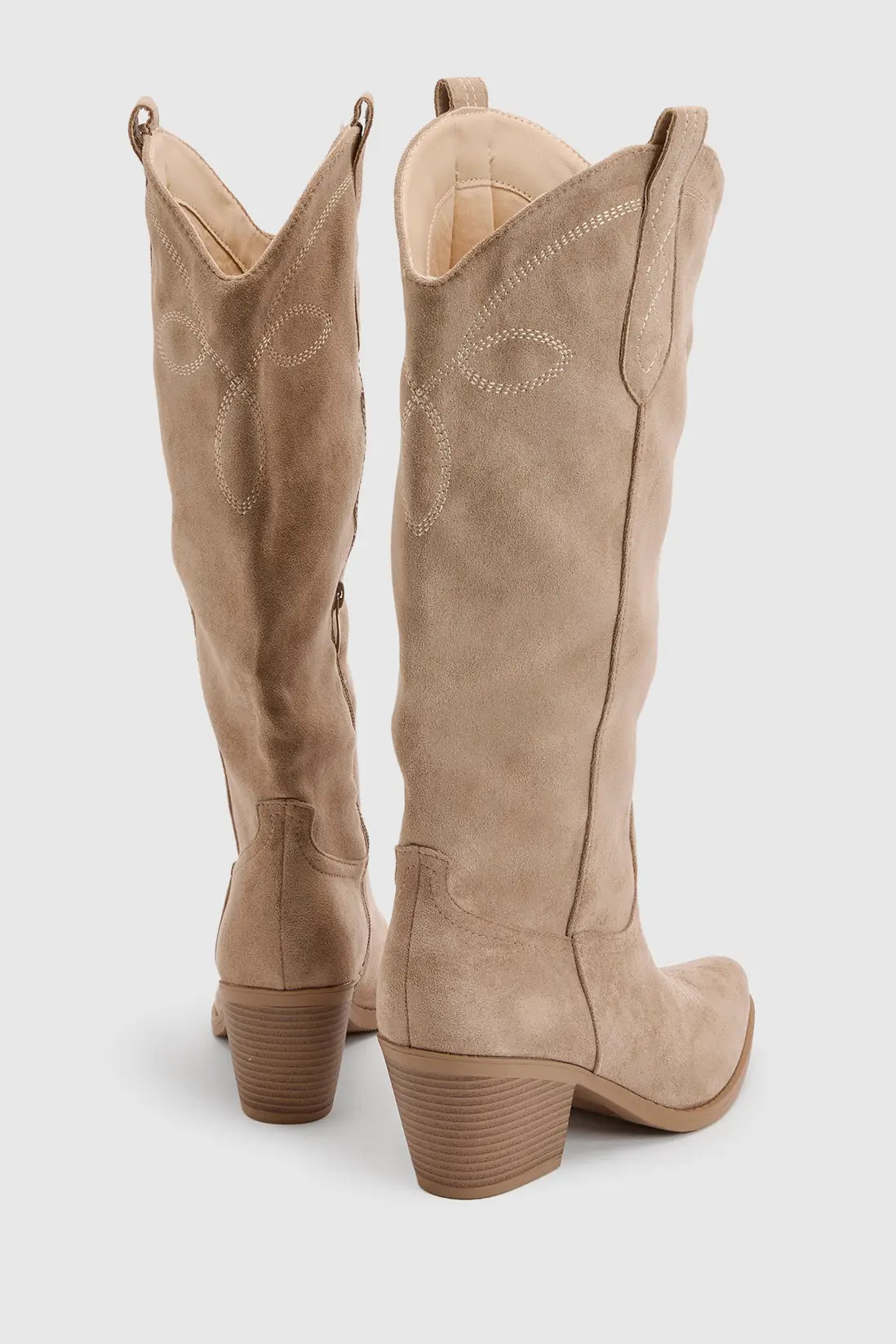 Taupe Faux Suede Tab Detail Knee High Western Boots | Boohoo | Boohoo.com (UK & IE)